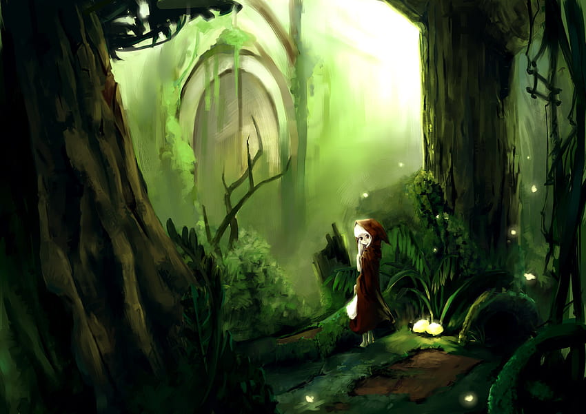 Little Red Riding Hood, door, plants, anime, green, forest, tree HD wallpaper
