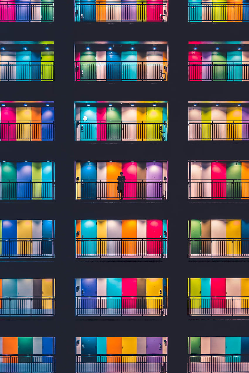 Building, Silhouette, , , Multicolored, Motley, Doors, Door, Balconies HD phone wallpaper