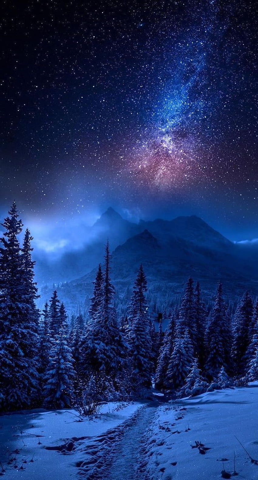 2020年に雪の星で満たされた空の銀河で覆われた森の山の風景。 夜空、夜空の、iPhoneの背景自然、冬の夜空iPhone HD電話の壁紙