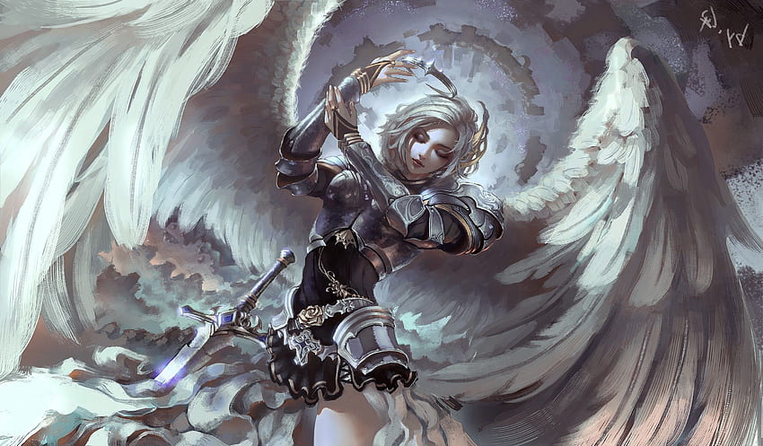 ファンタジーアート、天使、鎧、翼、灰色/、戦争の天使 高画質の壁紙