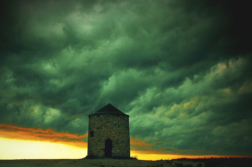 Gloomy Clouds of Green Over Old Mill, windmill, mill, green, landscape, clouds, sky, storm, sunset HD wallpaper