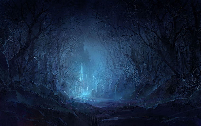 Fantazja, kamienie, zamek, połysk, światło, las, ciemność Tapeta HD