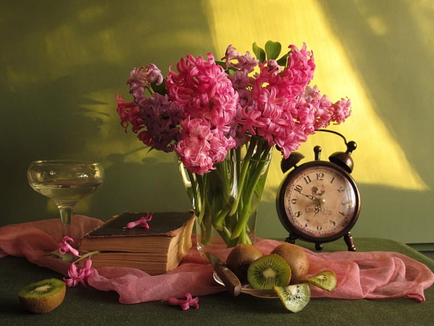 Still life, champagne, nice, old book, delicate, clock, vase, kiwi, pink, book, pretty, flowers, lovely, hyacinth, wine, harmony, drink HD wallpaper