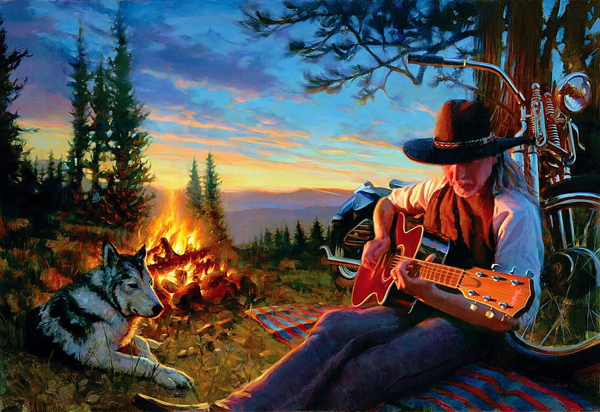 Black Hills Ballad, artwork, dog, painting, man, guitar, campfire, sky, sunset, motorcycle HD wallpaper
