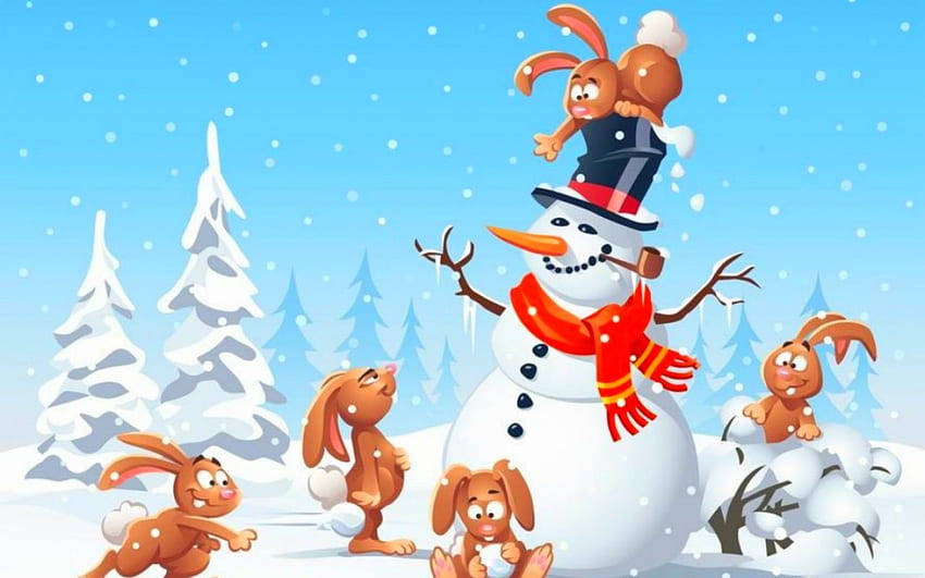 Снежен човек, зима, Коледа, сняг, заек HD тапет