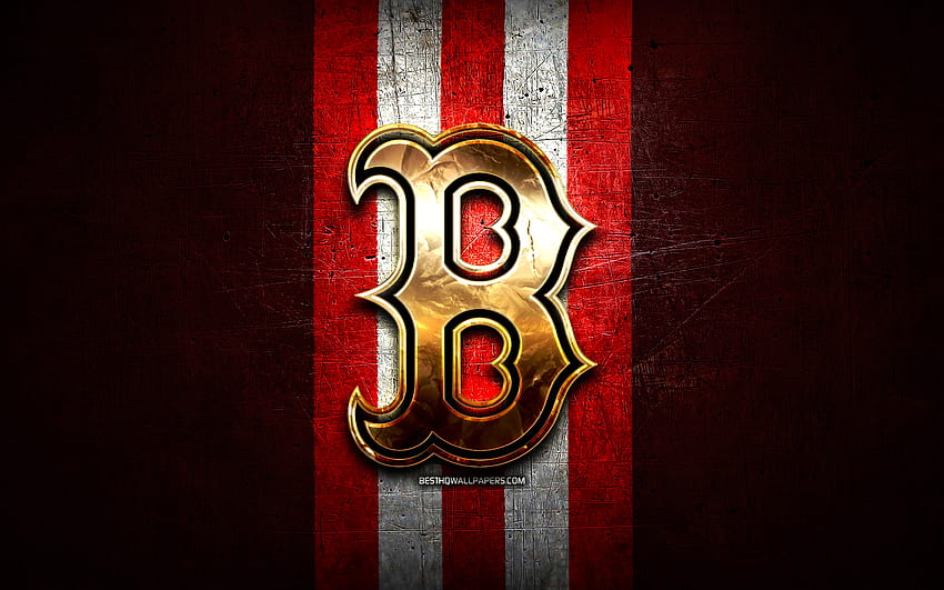 ボストン レッド ソックスのエンブレム、金色のエンブレム、MLB、赤い金属の背景、アメリカの野球チーム、メジャー リーグ ベースボール、野球、ボストン レッド ソックス 高画質の壁紙