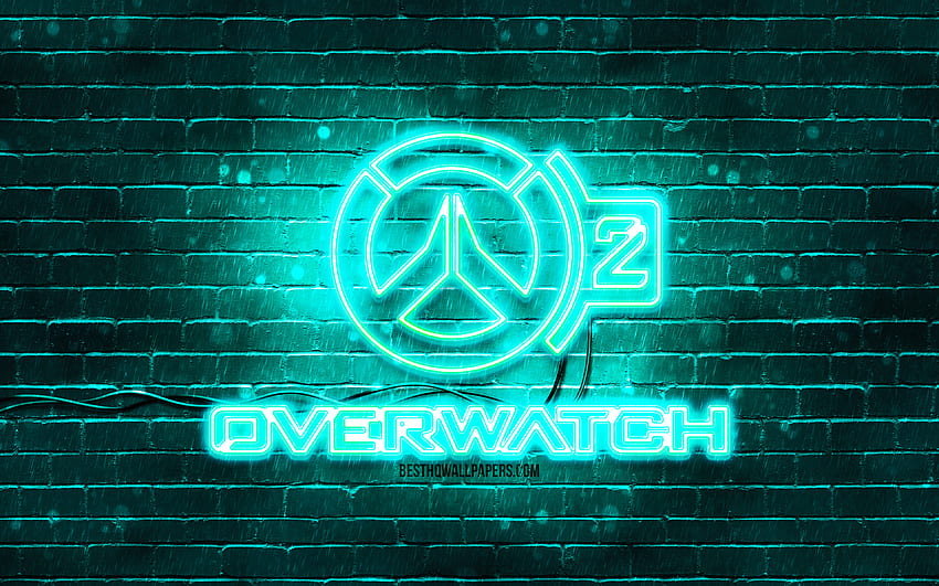 Overwatch 2 turquoise logo, , turquoise brickwall, Overwatch 2 logo, games brands, Overwatch 2 neon logo, Overwatch 2 HD wallpaper