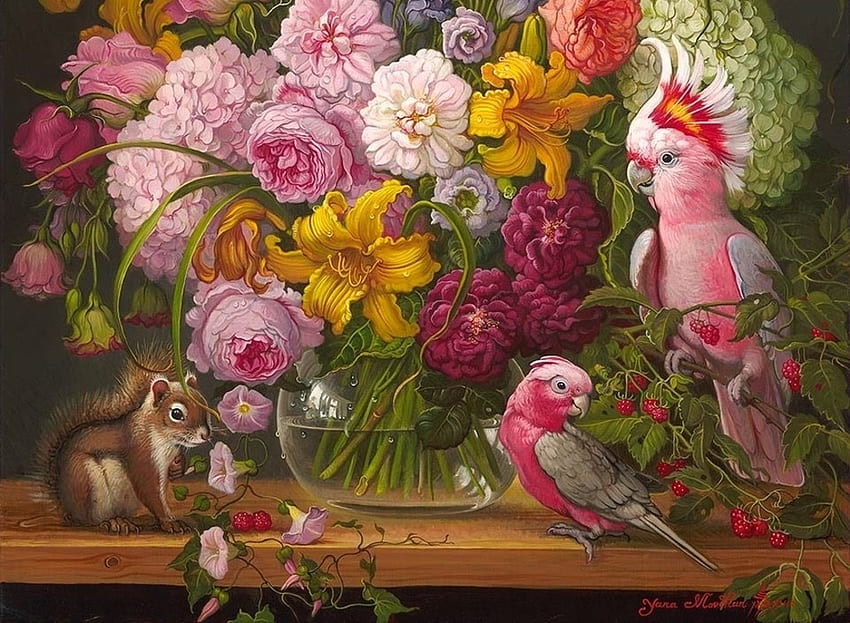 Floral avec perroquets et écureuil, oiseau, art, yana movchan, framboise, veverita, rose, rose, peinture, jaune, picutra, fruit, pasari, perroquet, écureuil Fond d'écran HD