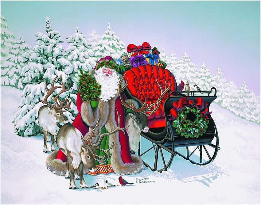 Vintage Santa, winter, sleigh, reindeer, snow, christmas HD wallpaper