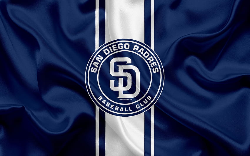 サンディエゴ・パドレス、ロゴ、シルクの質感、アメリカ野球クラブ、青旗、エンブレム、MLB、サンディエゴ、カリフォルニア、アメリカ、メジャーリーグベースボールの解像度. 高品質 高画質の壁紙
