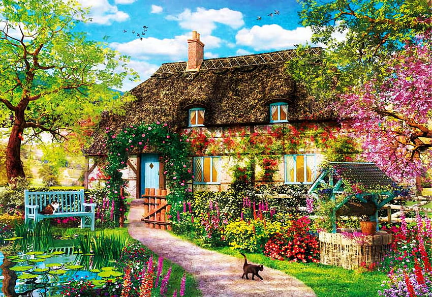 The Old Cottage, artwork, house, blossoms, garden, trees, cat, spring, well, painting HD wallpaper
