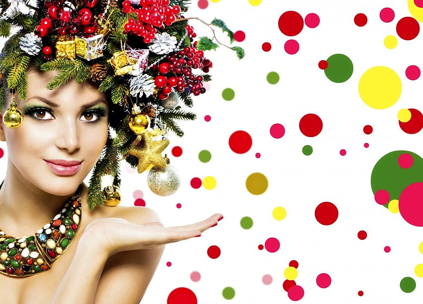 Happy Holidays!, colorful, model, craciun, girl, dot, woman, flower, green, yellow, christmas, red HD wallpaper