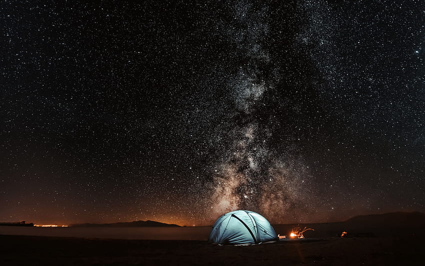tent, starry sky, night HD wallpaper