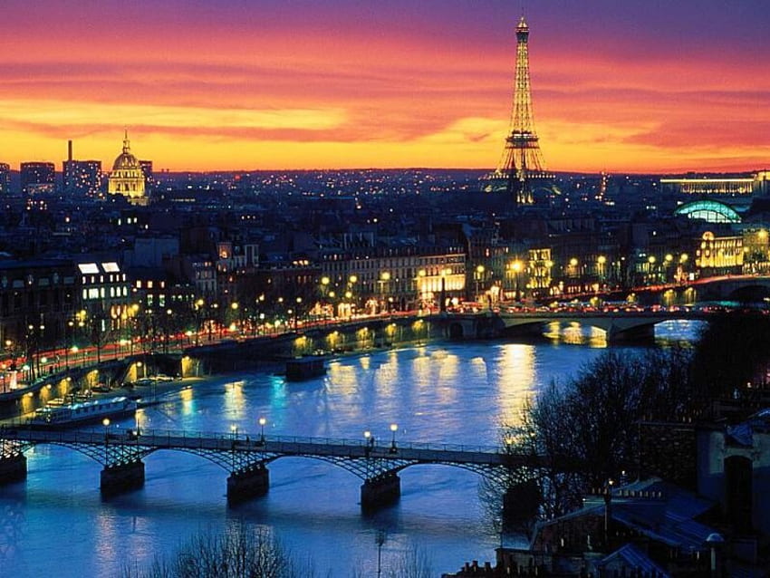 パリの夕日、川、パリ、ライト、夕日、自然、橋 高画質の壁紙