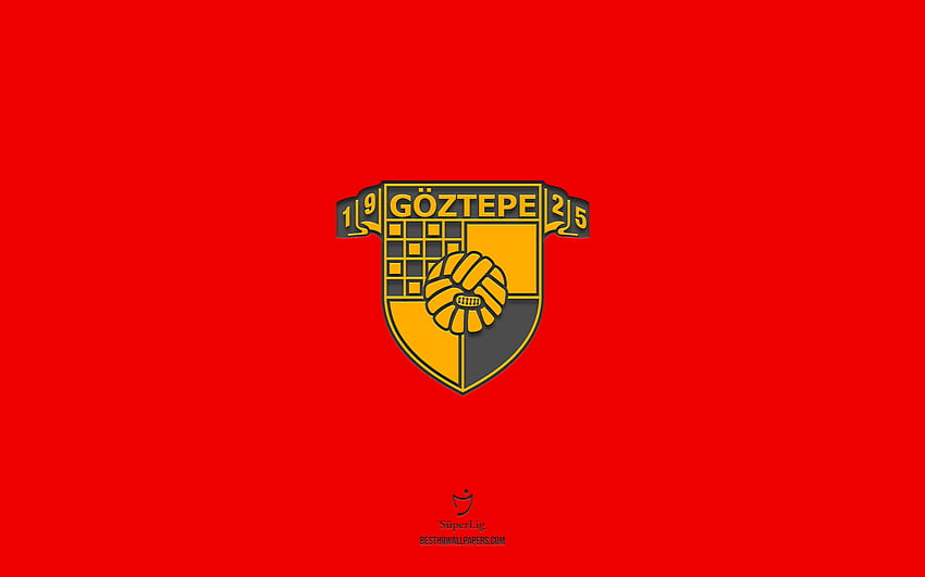 Goztepe SK、赤黄色の背景、トルコのサッカー チーム、Goztepe SK エンブレム、スーパー リグ、トルコ、サッカー、Goztepe SK ロゴ 高画質の壁紙