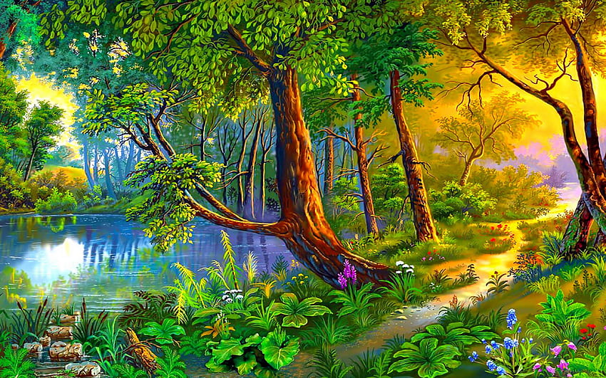 森の小道, 絵画, 花, 森, 川 高画質の壁紙