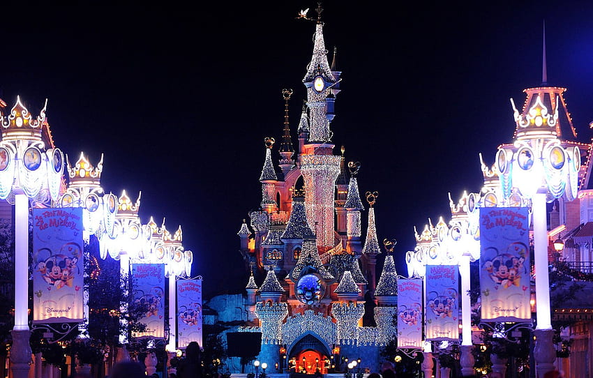 decoration, lights, castle, France, Paris, Paris, Disneyland, Christmas, France, castle, Disneyland, christmas lights for , section новый год HD wallpaper