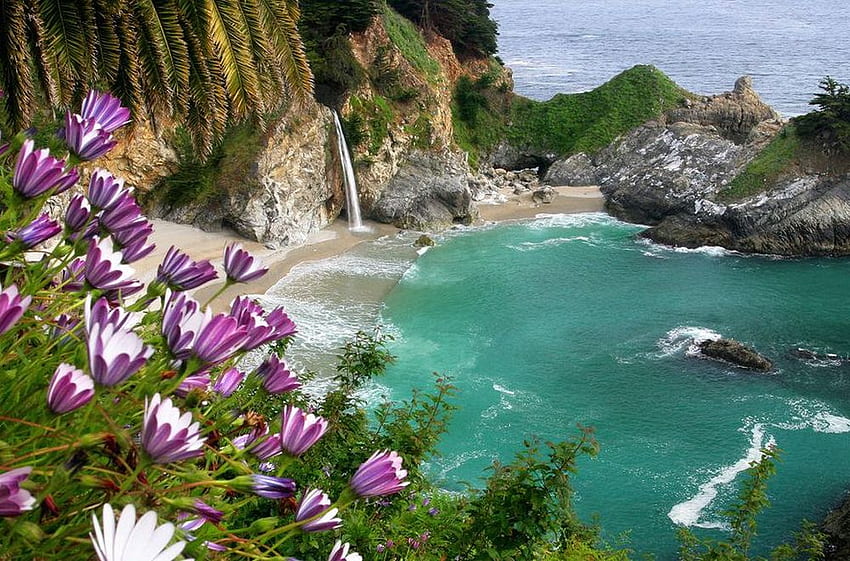 Beautiful place, waterfall, beautiful, flowers, lake HD wallpaper