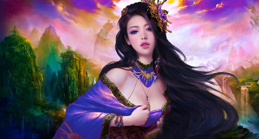 Prinzessin in Lila, asiatisch, Kunst, Mädchen, schön, nett, Frau, lila, digital, Fantasie, hübsch, reizend HD-Hintergrundbild