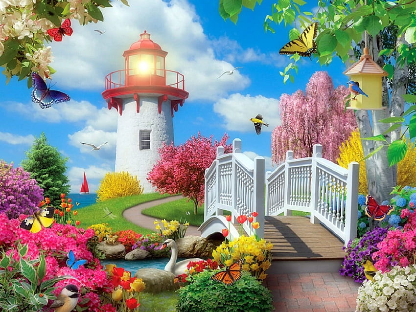 봄빛, 새, 꿈속의 명소, 정원, 낙원, 등대, , 봄, 나비, 사계절 사랑, 나비 디자인, 자연, 꽃, 다리 HD 월페이퍼