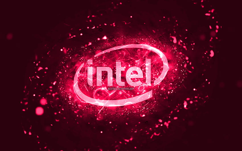インテルのピンクのロゴ、ピンクのネオン、クリエイティブ、ピンクの抽象的な背景、インテルのロゴ、ブランド、インテル 高画質の壁紙
