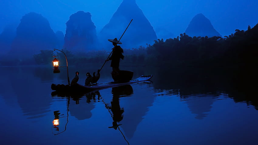 pêcheur, arrière-plan, bateau chinois Fond d'écran HD