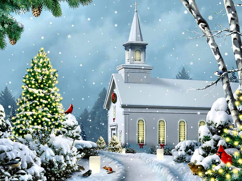 Nochebuena F, invierno, arquitectura, capilla, arte, hermoso, ilustración, iglesia, obras de arte, paisaje, ancha, religioso, pintura, nieve fondo de pantalla