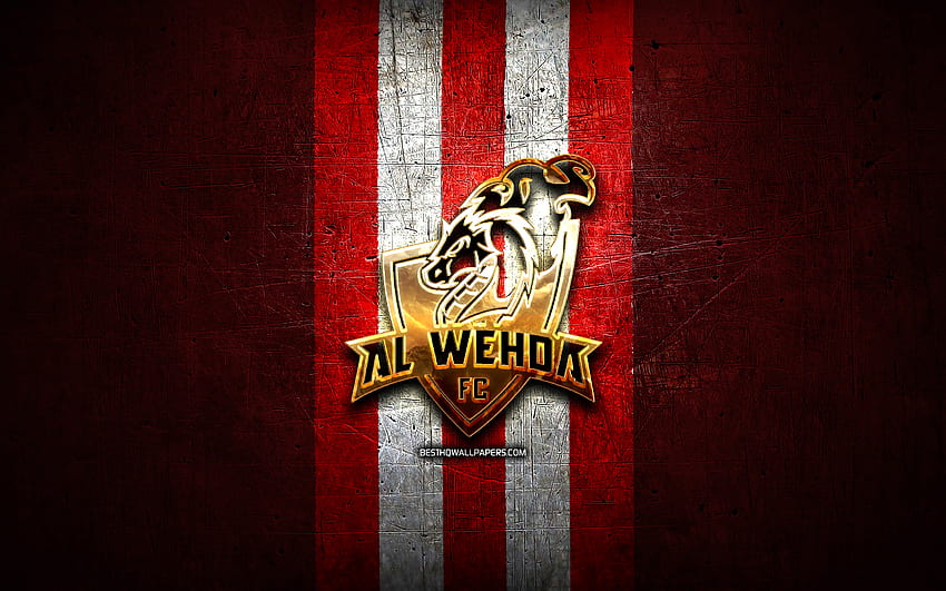 Al-Wea FC, golden logo, Saudi Professional League, red metal background, football, Al Wea FC, saudi football club, Al-Wea FC logo, soccer, Al-Wea SC HD wallpaper