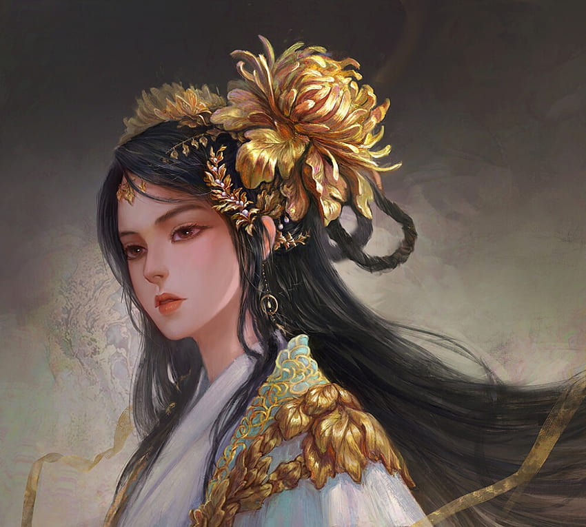 Golden Chrysanthemum, golden, art, girl, jewel, xiaofan zhang, fantasy ...
