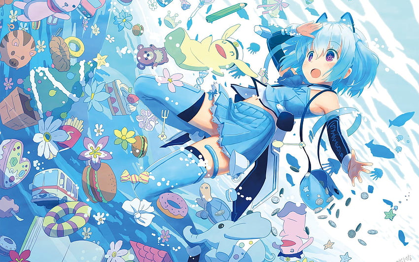 Anime ragazza animale capelli blu arrossire torta natale fiore cibo, Anime Candy Sfondo HD