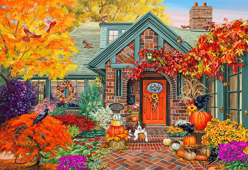 Autumn Welcome, calabazas, casa, colores, hojas, jardín, obra de arte, otoño, pintura, árboles fondo de pantalla