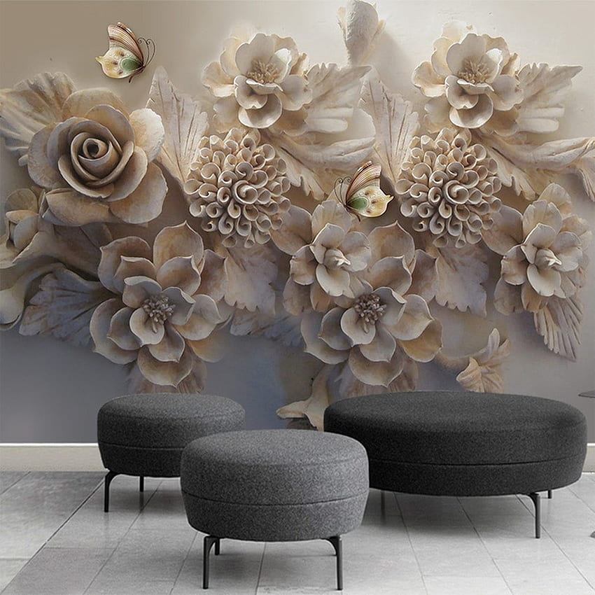 Mural personalizado 3D europeu estético tridimensional alívio 3D flor borboleta sala de estar sofá fundo Papel de parede de celular HD
