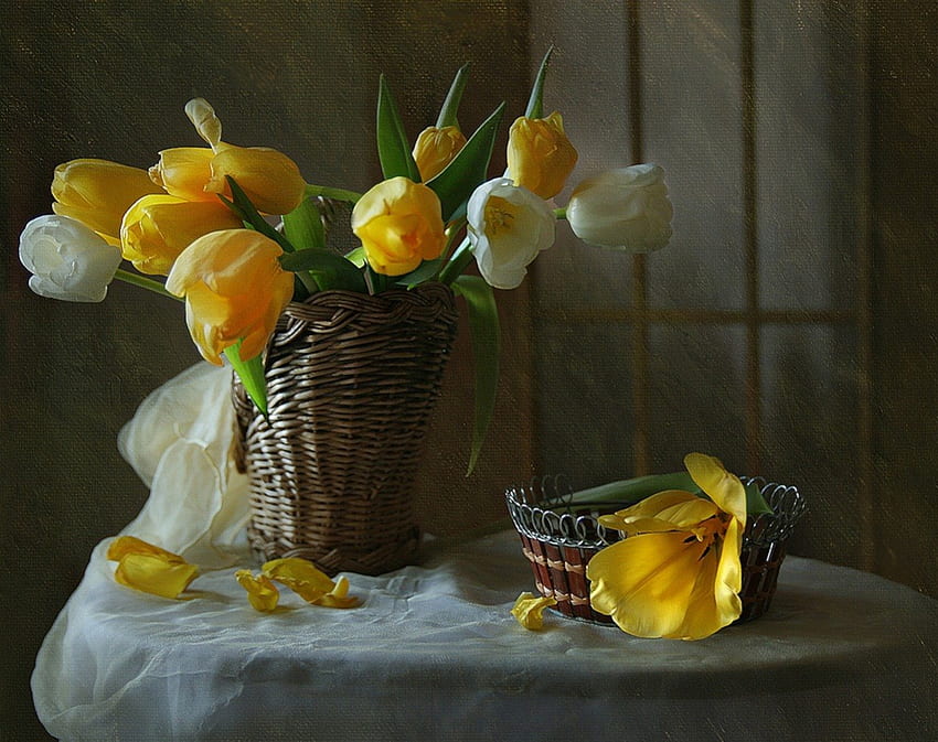 Still Life , lukisan alam benda, putih, dekorasi, kuning, bunga, tulip Wallpaper HD