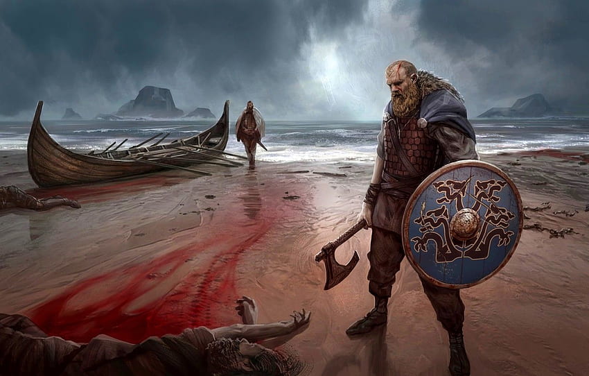 Mar, barco, escudo, vikingo, hacha de batalla nórdica para, sección прочее, arte nórdico fondo de pantalla