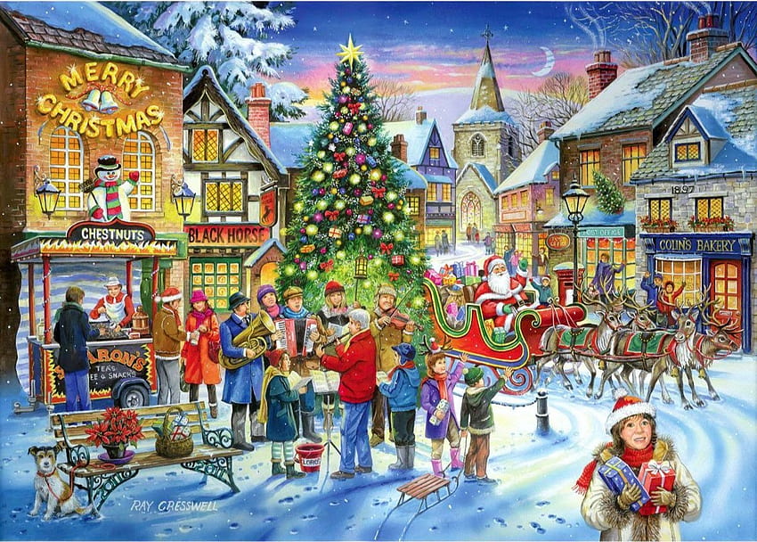 Shopping natalizio, inverno, città, ornamenti, persone, albero, opera d'arte, pittura, neve, babbo natale Sfondo HD