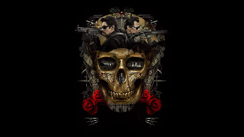 Brązowa, czerwona i czarna czaszka z grafiką róży i pistoletów, Czarno-złota czaszka Tapeta HD