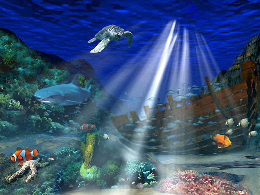 tesoro escondido - 1, barco, vida marina, 3d, océano fondo de pantalla