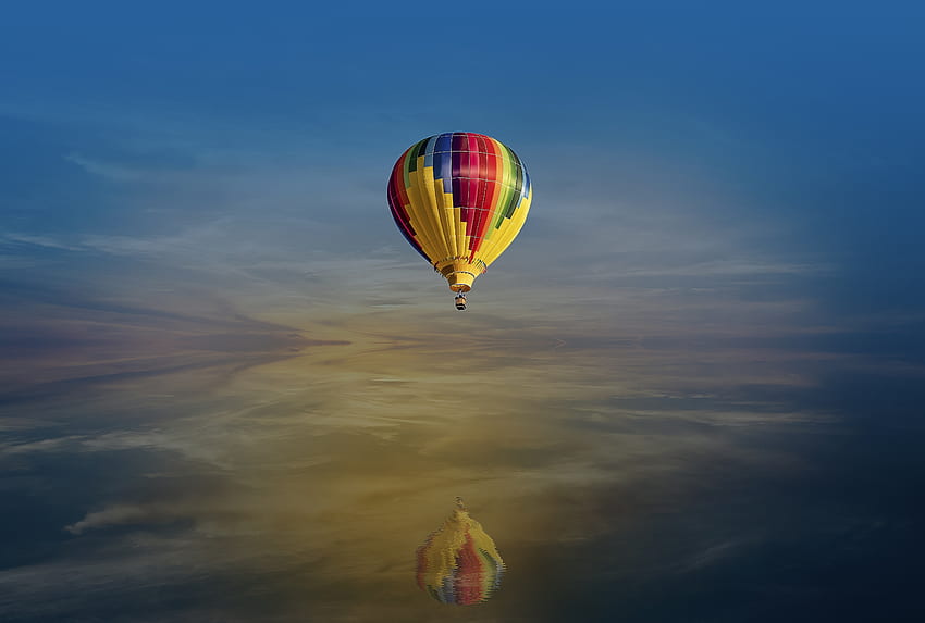 Fantasy, hot air balloon, sky, lake, reflections HD wallpaper