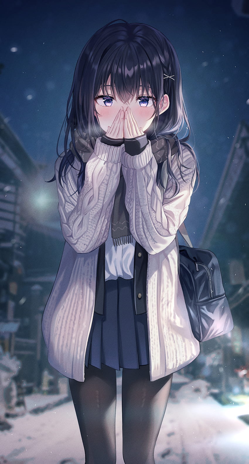 Anime Anime Girls Tokkyu Artista Dark Hair Blue Eyes Blushing School Uniform Sweater Night Winter Sc - Resolution:, Cold Anime Girl HD phone wallpaper