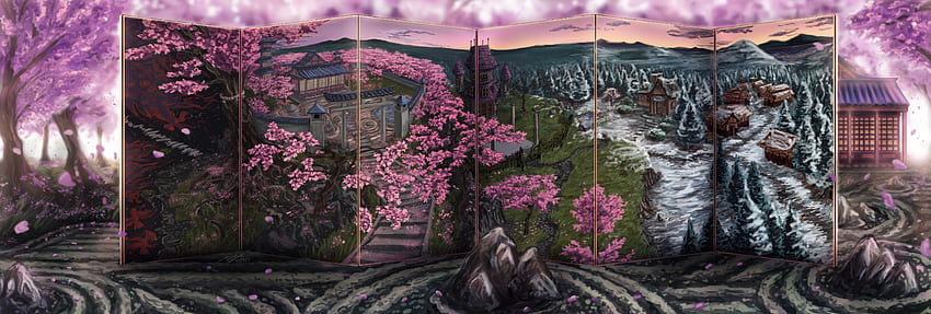 mansion, mountain, scenery, cherry blossoms, japanese, Touhou, Purple Zen HD wallpaper
