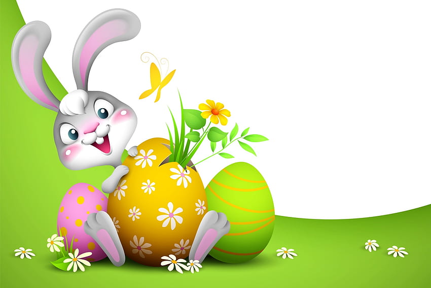 Easter Bunny, Easter, grass, eggs, buuny, Easter eggs, butterfly, flowers, Spring, rabbit HD wallpaper