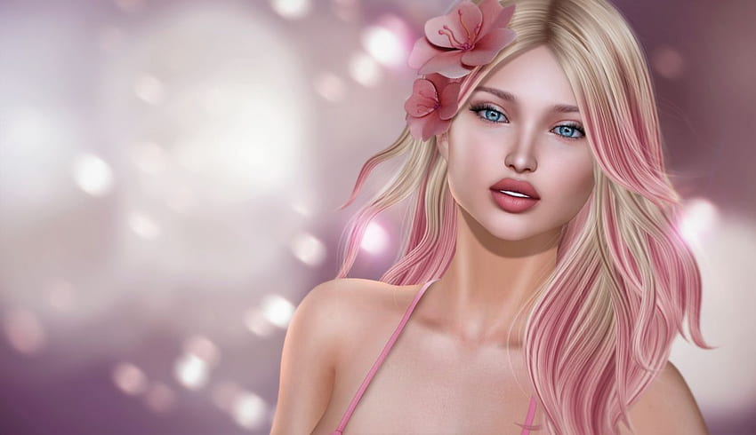 Pirang Mata Biru Gadis Bunga Fantasi Lipstik Wanita Merah Muda. Wallpaper HD