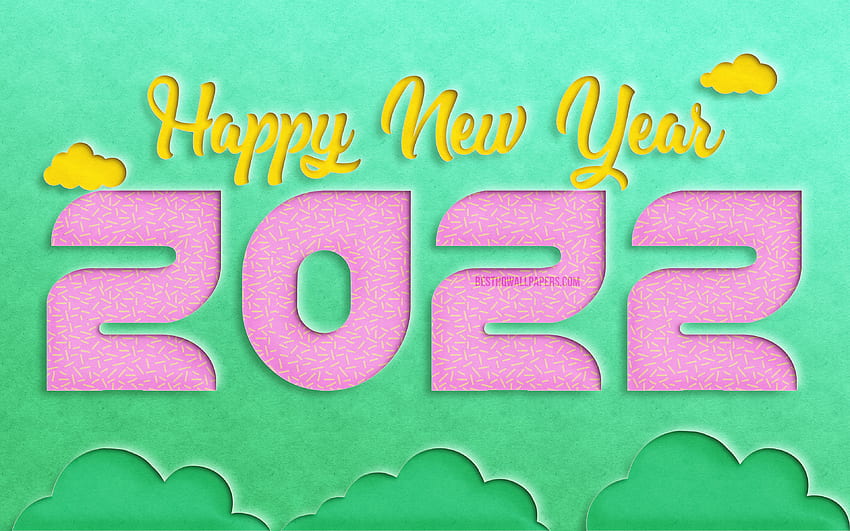 、2022 ピンク カット数字、明けましておめでとうございます 2022、ターコイズ紙の背景、2022 概念、2022 年新年、抽象的な自然の背景、紙の背景に 2022 年、2022 年の数字 高画質の壁紙