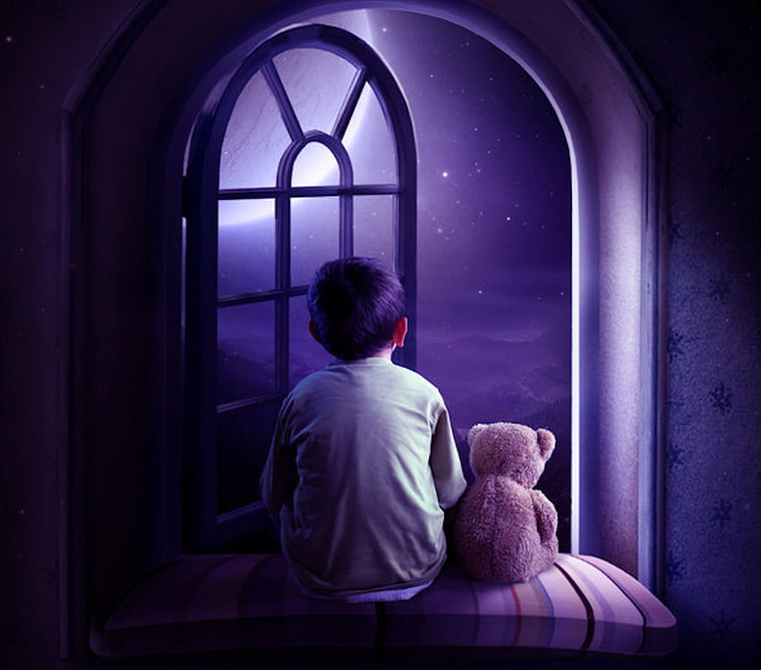 Kleiner Junge und Teddy, Lila, Teddy, Fenster, Junge, Menschen HD-Hintergrundbild