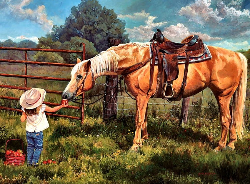 An Apple A Day F1C, little girl, animal, horse, art, beautiful, artwork, wide screen, painting, equine HD wallpaper