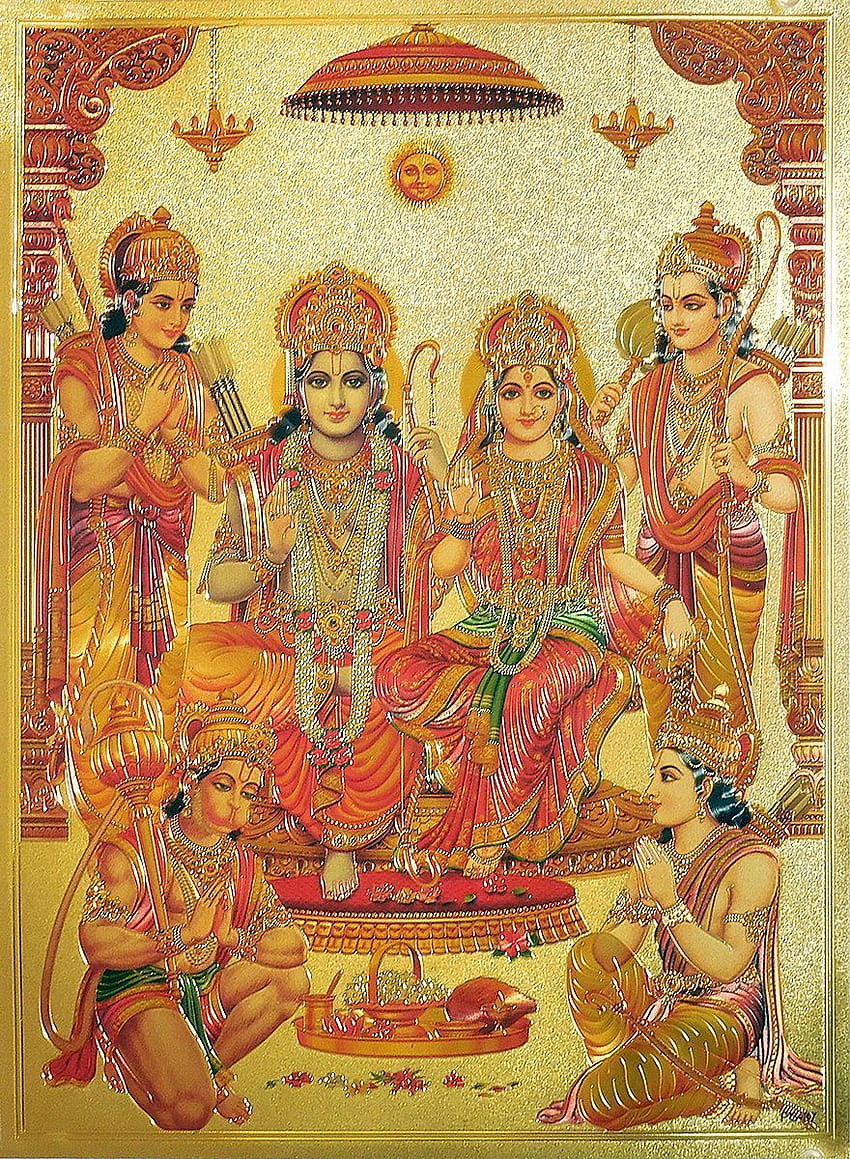 Ram Darbar - ゴールデン メタリック ポスター。 ヒンズー教の芸術、シュリーラム、タンジョール絵画 HD電話の壁紙