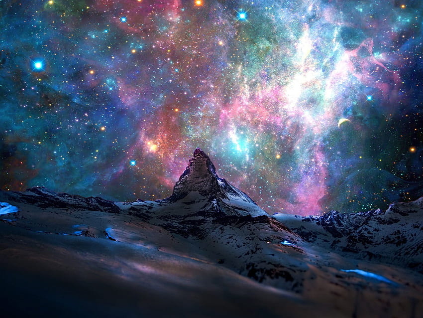 Galaktyka, ilustracja promienia kosmicznego, gwiazdy, góry, mgławica • For You For & Mobile Tapeta HD