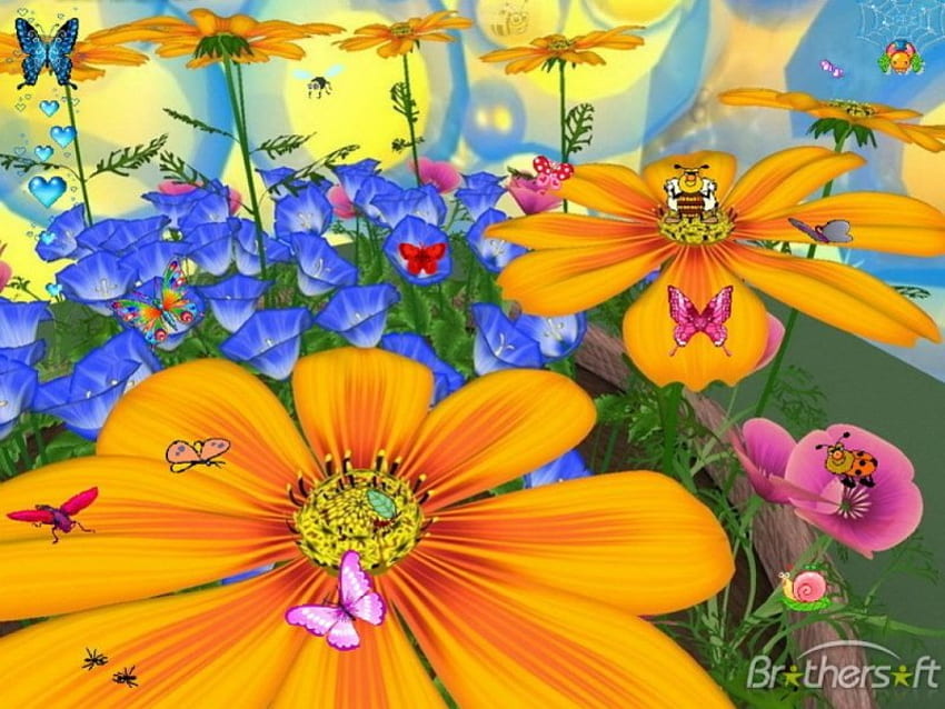 花と蝶、大きな黄色い花、蝶、庭 高画質の壁紙