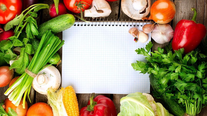 notebook, vegetables, cauliflower, garlic, tomatoes, cucumbers, mushrooms, herbs, corn, red pepper HD wallpaper