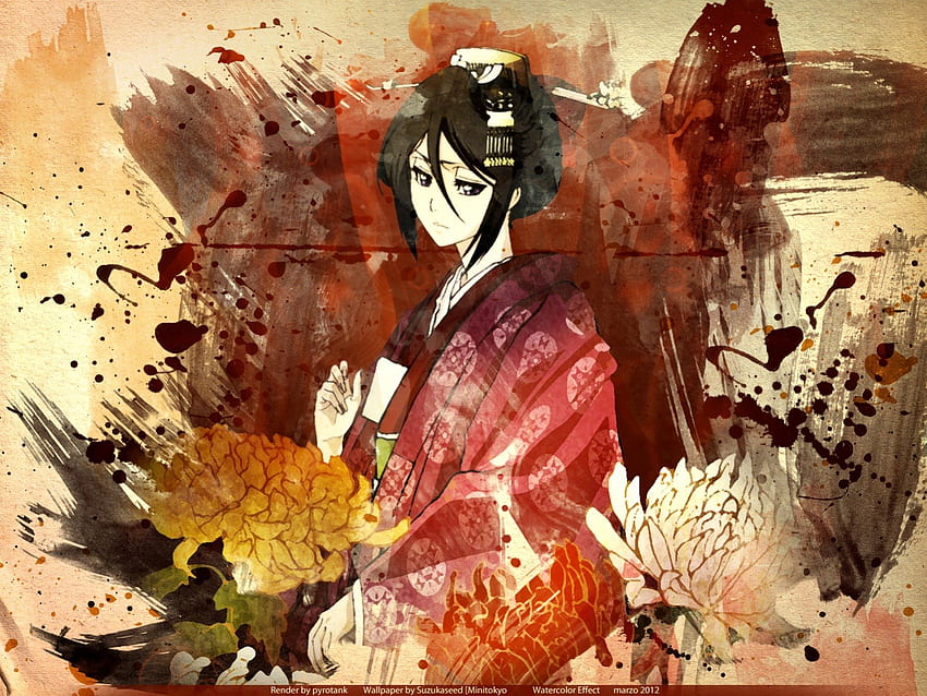 .-aquarela Rukia por suzuka.-, aquarela, quimono, flores, rukia kuchiki papel de parede HD
